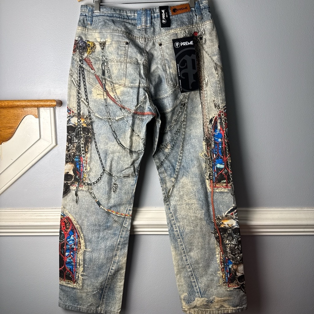 PREME Men’s Light Blue Graphic Straight Jeans with Chain & Stained-Glass Detail